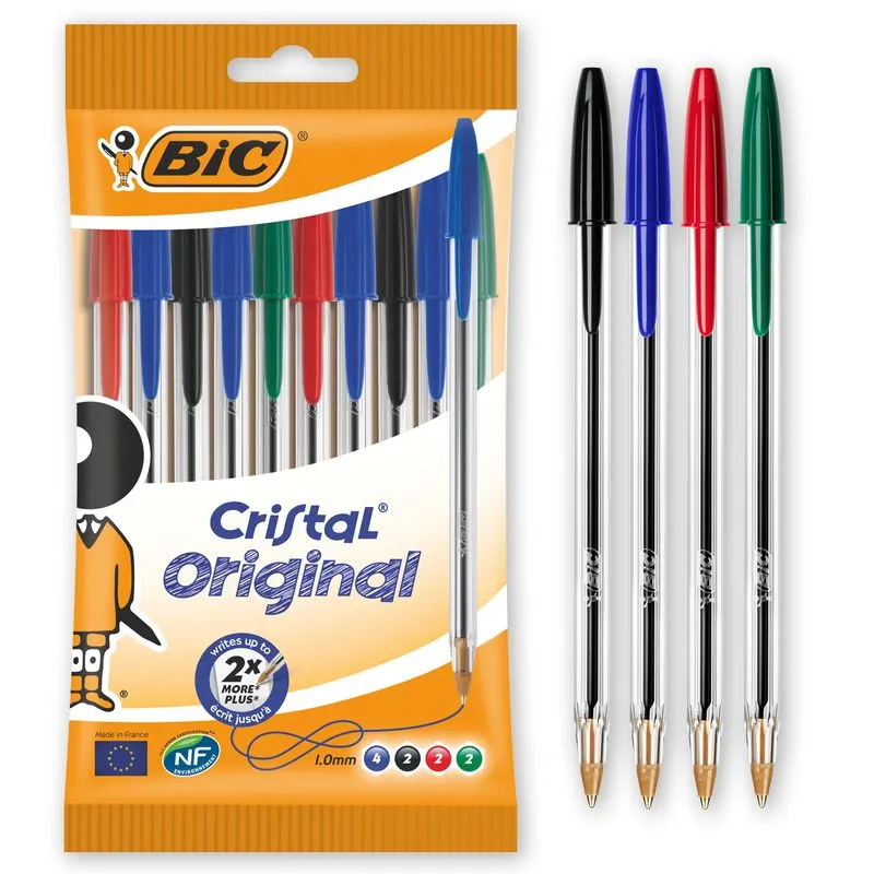 BIC Cristal - 10 Stylos à bille - noir, rouge, bleu, vert