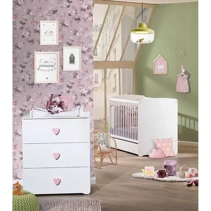 Chambre bébé duo Basic coeur: lit 120x60, commode à langer - Babyprice - Blanc