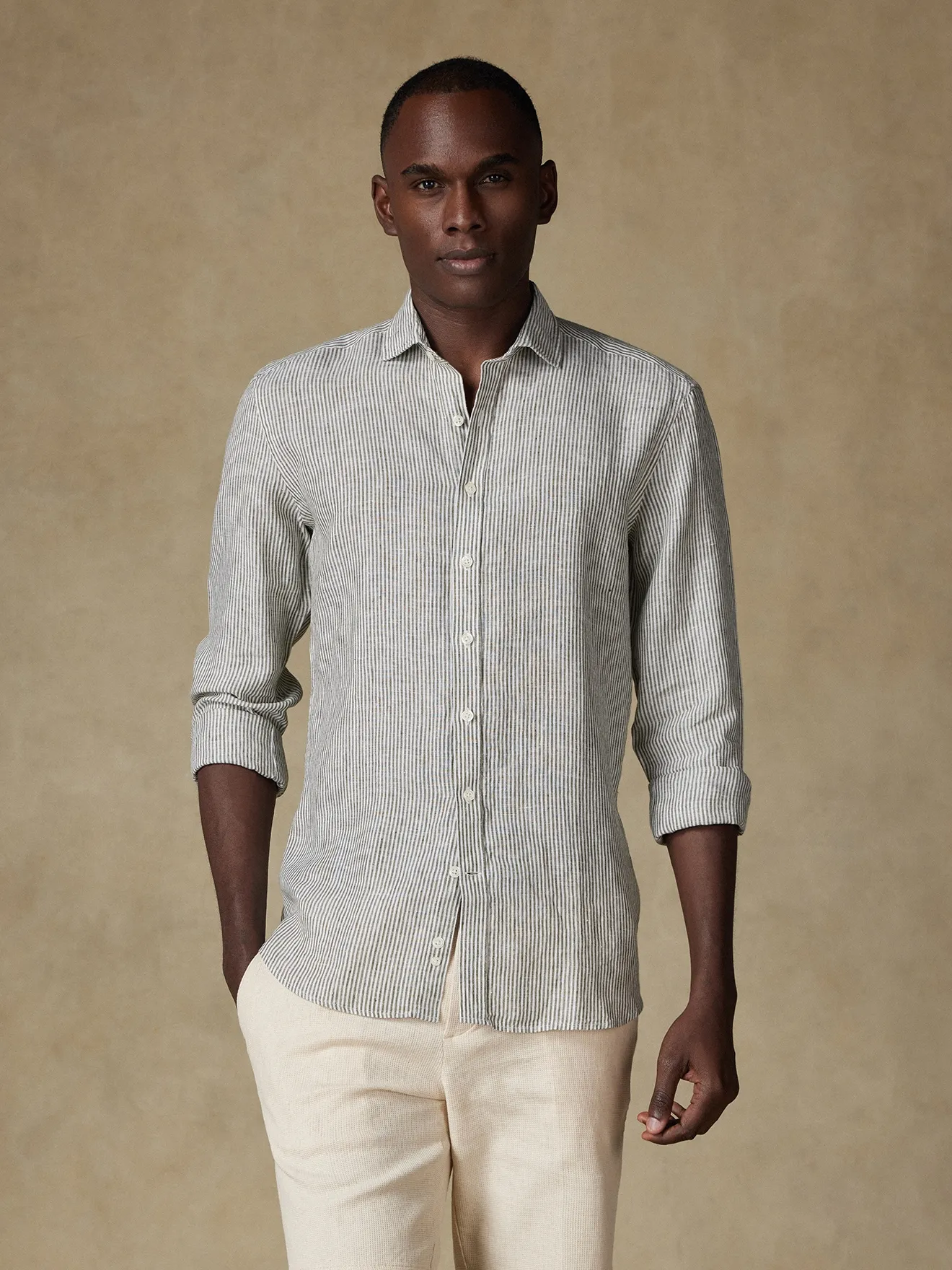 Chemise cintrée Theo en lin à rayures kaki