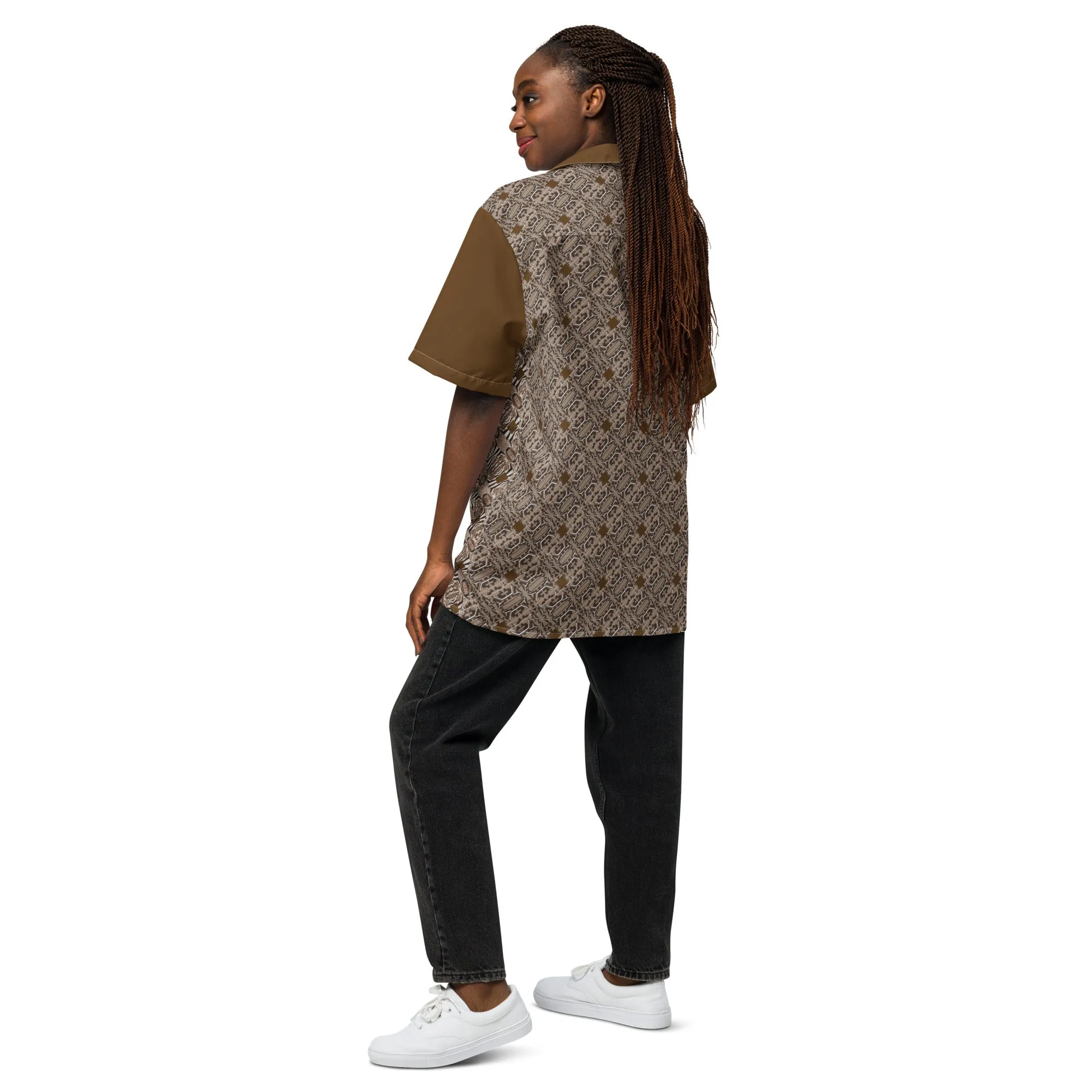 Chemise à boutons unisexe Brune à motifs