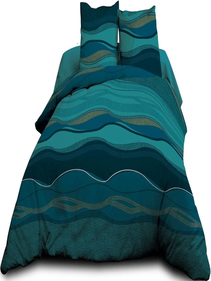 Housse de couette 220x240 + 2 taies - Pur coton 57 fils - Baltic bleu - Bleu turquoise