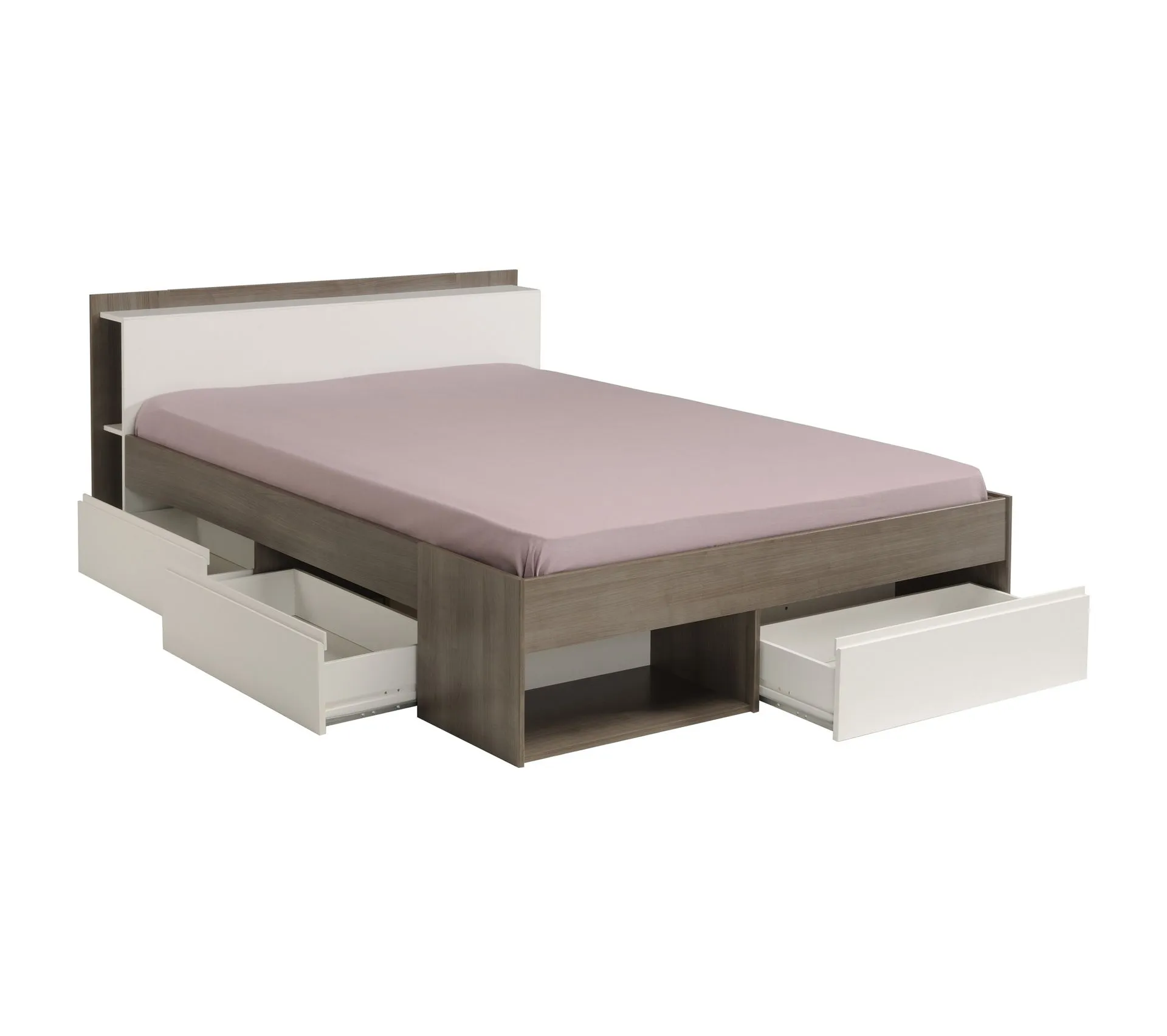Lit 160x200 cm avec rangements PUZZLE noyer et blanc