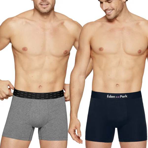 Lot de 2 boxers bleu nuit et gris en coton unis de la marque Eden Park