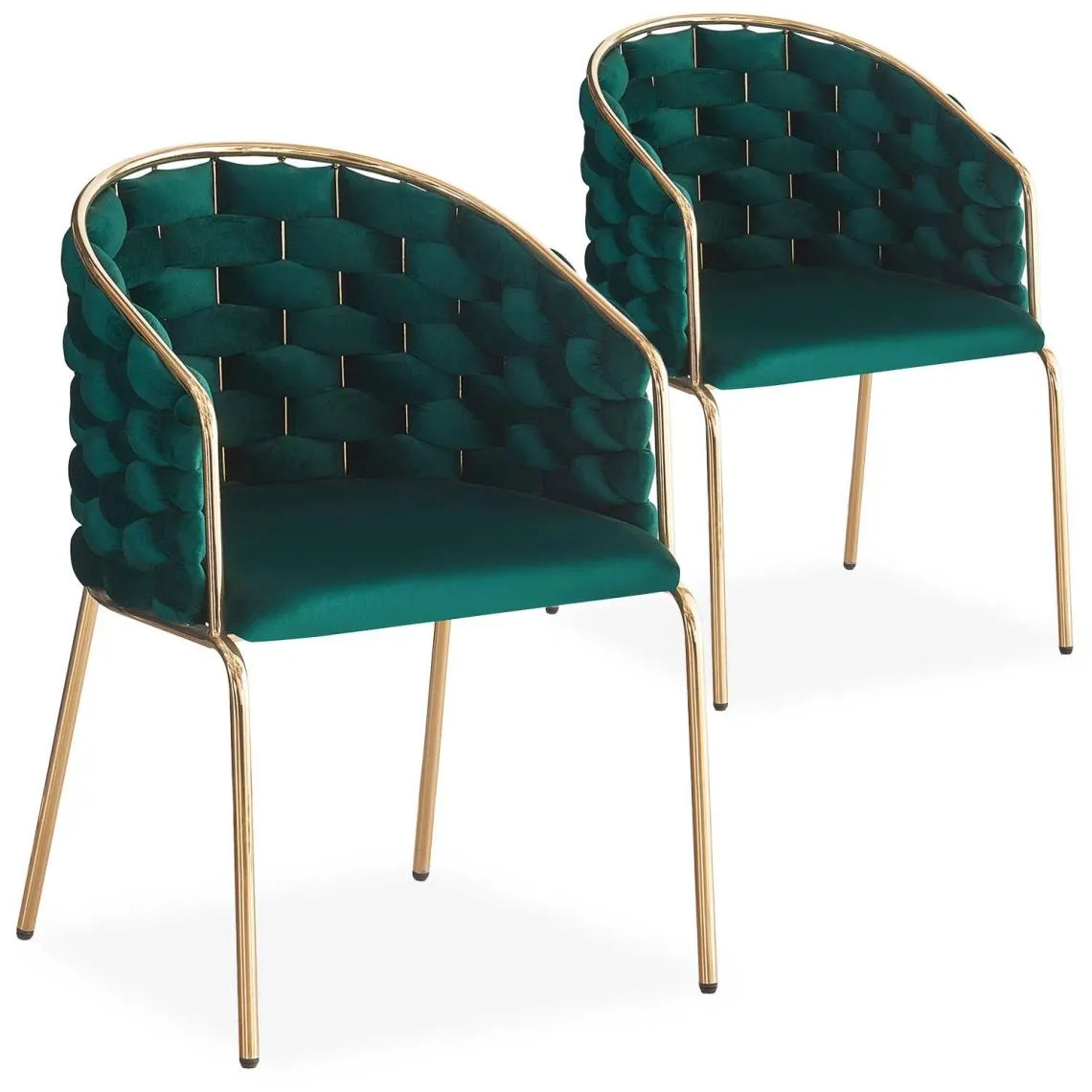 Lot de 2 chaises design au dossier arrondi style maillage Tricotane Velours Vert et Métal Or | 3 Suisses