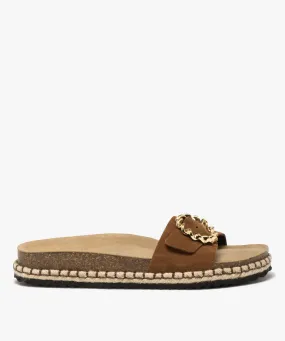 Mules femme casual en cuir bride à boucle bijou camel