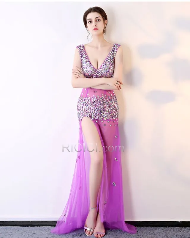 Paillette Robe Gala Robe De Bal Brillante Transparente Lilas Décolleté Dos Nu Robe Club Sexy Fendue