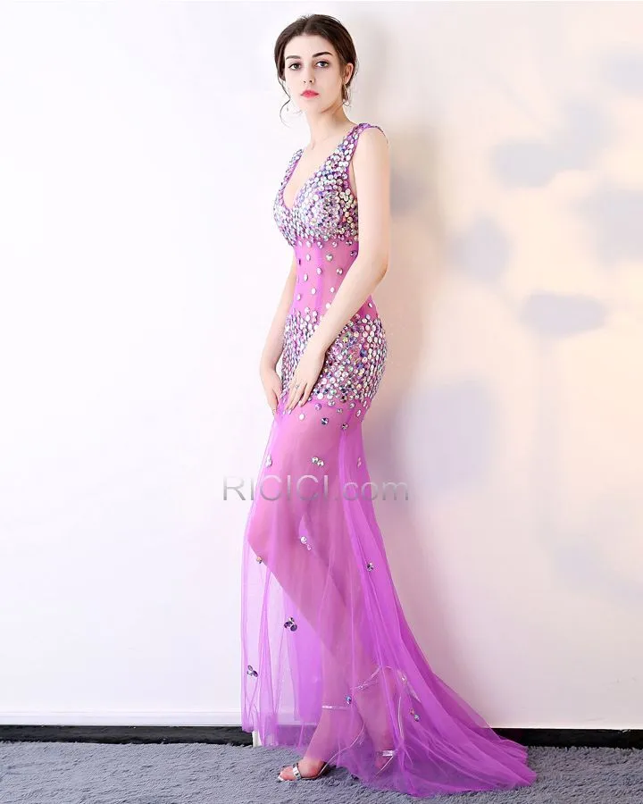 Paillette Robe Gala Robe De Bal Brillante Transparente Lilas Décolleté Dos Nu Robe Club Sexy Fendue