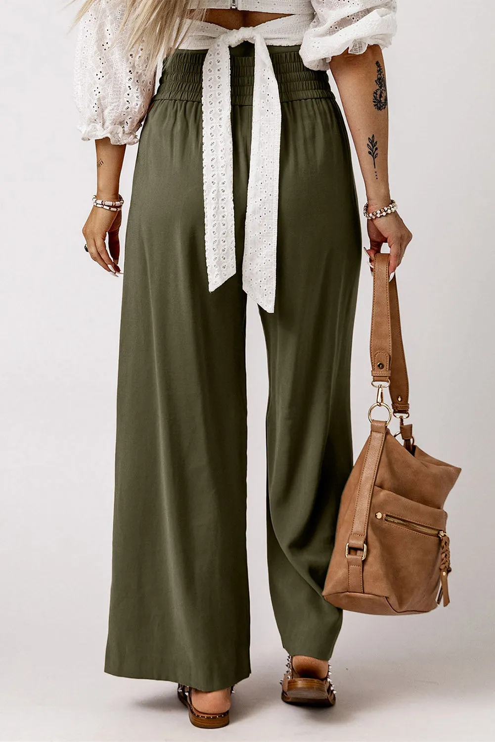 Pantalon large décontracté à taille élastique avec cordon de serrage vert marron