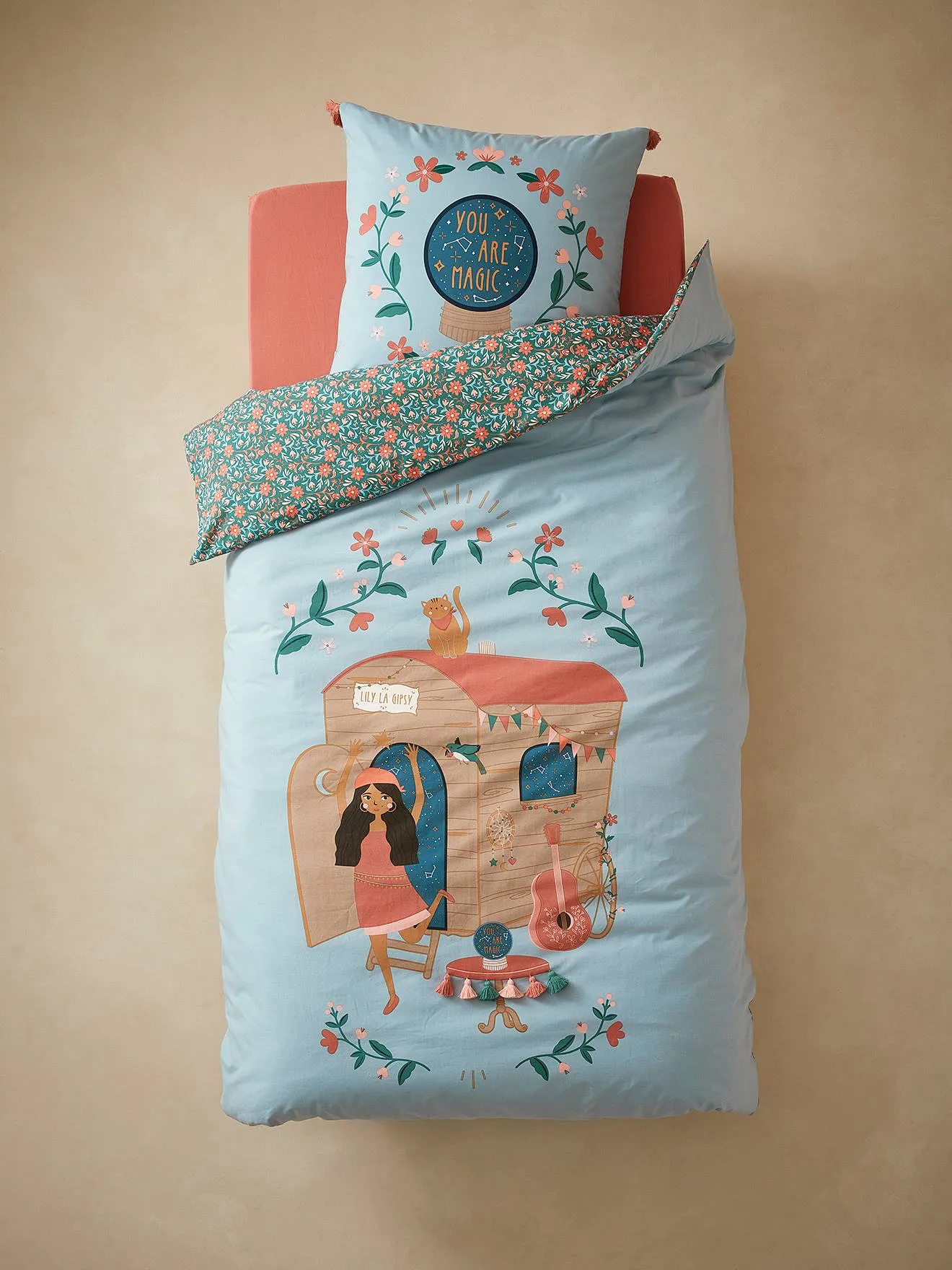 Parure housse de couette + taie d'oreiller enfant GIPSY ROULOTTE bleu - Vertbaudet