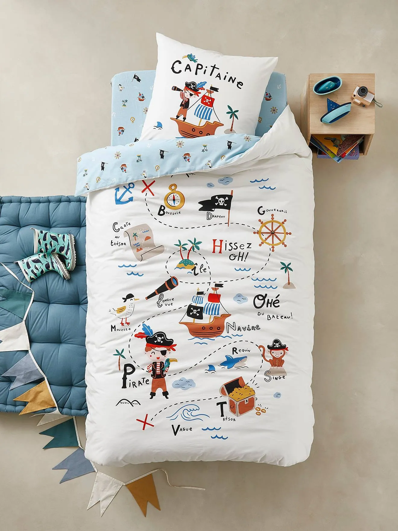 Parure housse de couette + taie d'oreiller enfant P COMME PIRATE écru / bleu - Vertbaudet