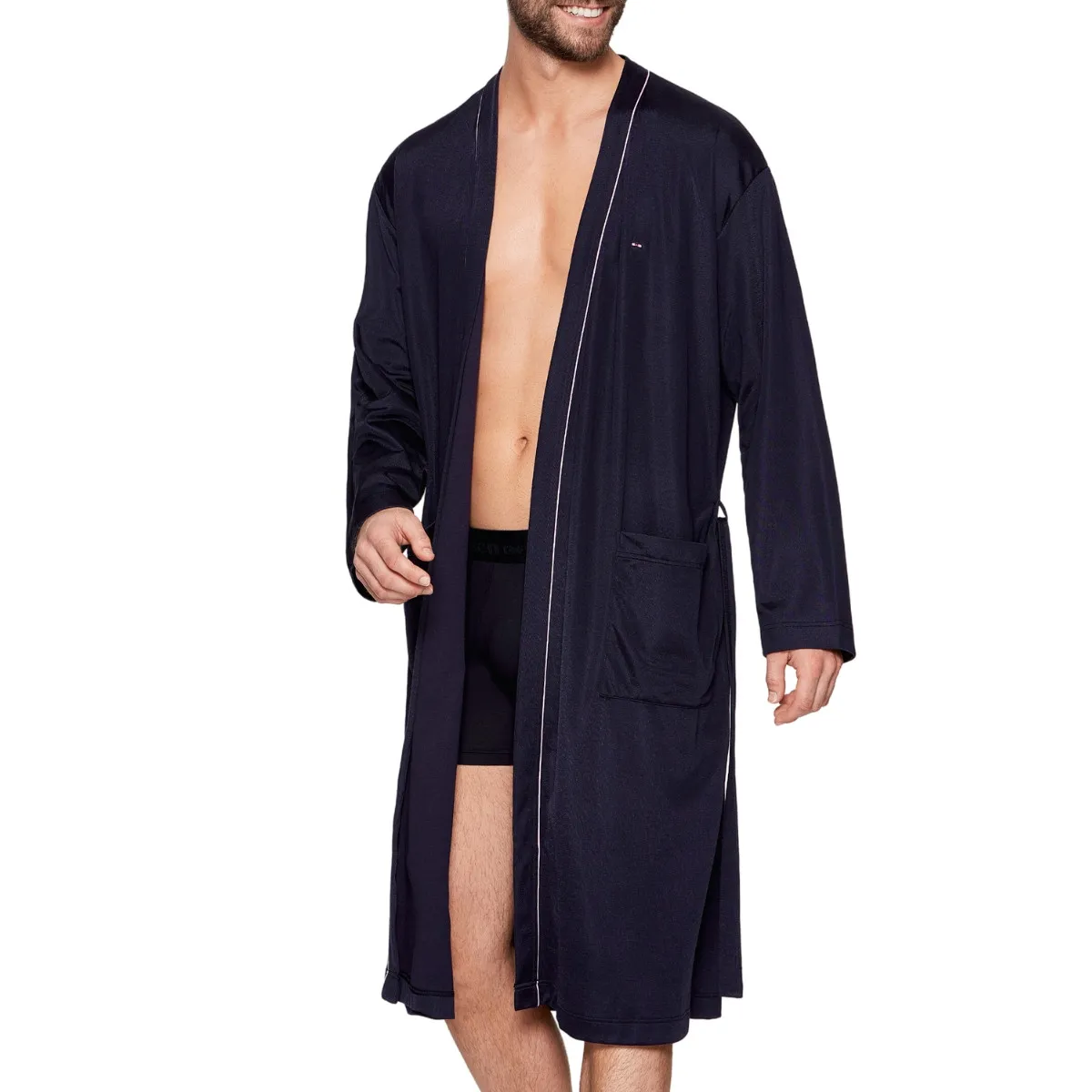 Peignoir long homme croisé bleu marine en coton par Eden Park