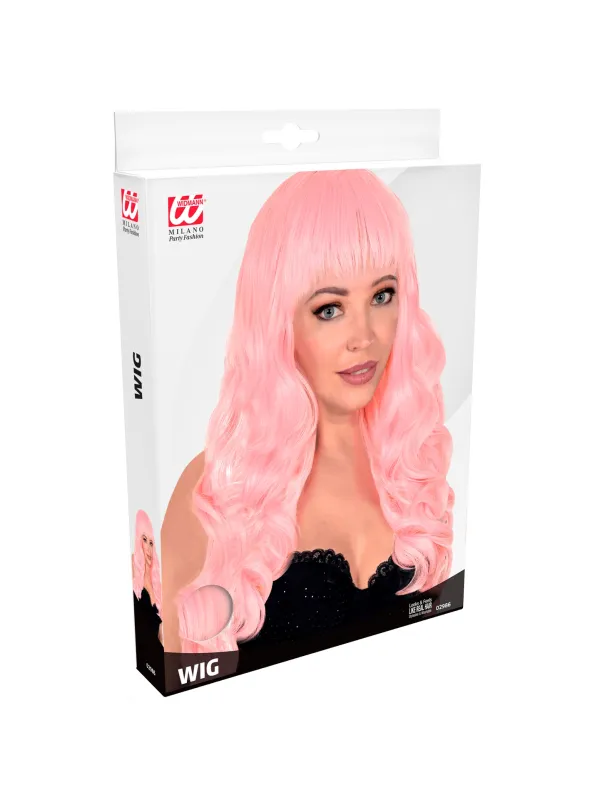 Perruque femme rose cheveux longs ondulés et frange