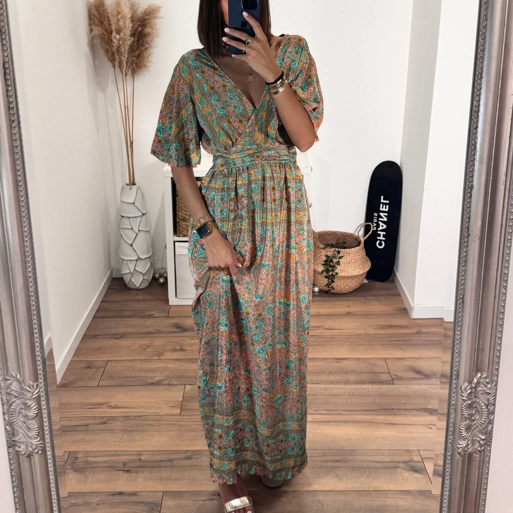 ROBE LONGUE FLEURIE TURQUOISE ET JAUNE