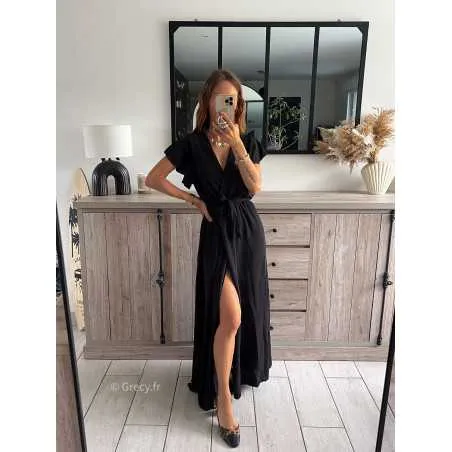 Robe longue noire manches courtes