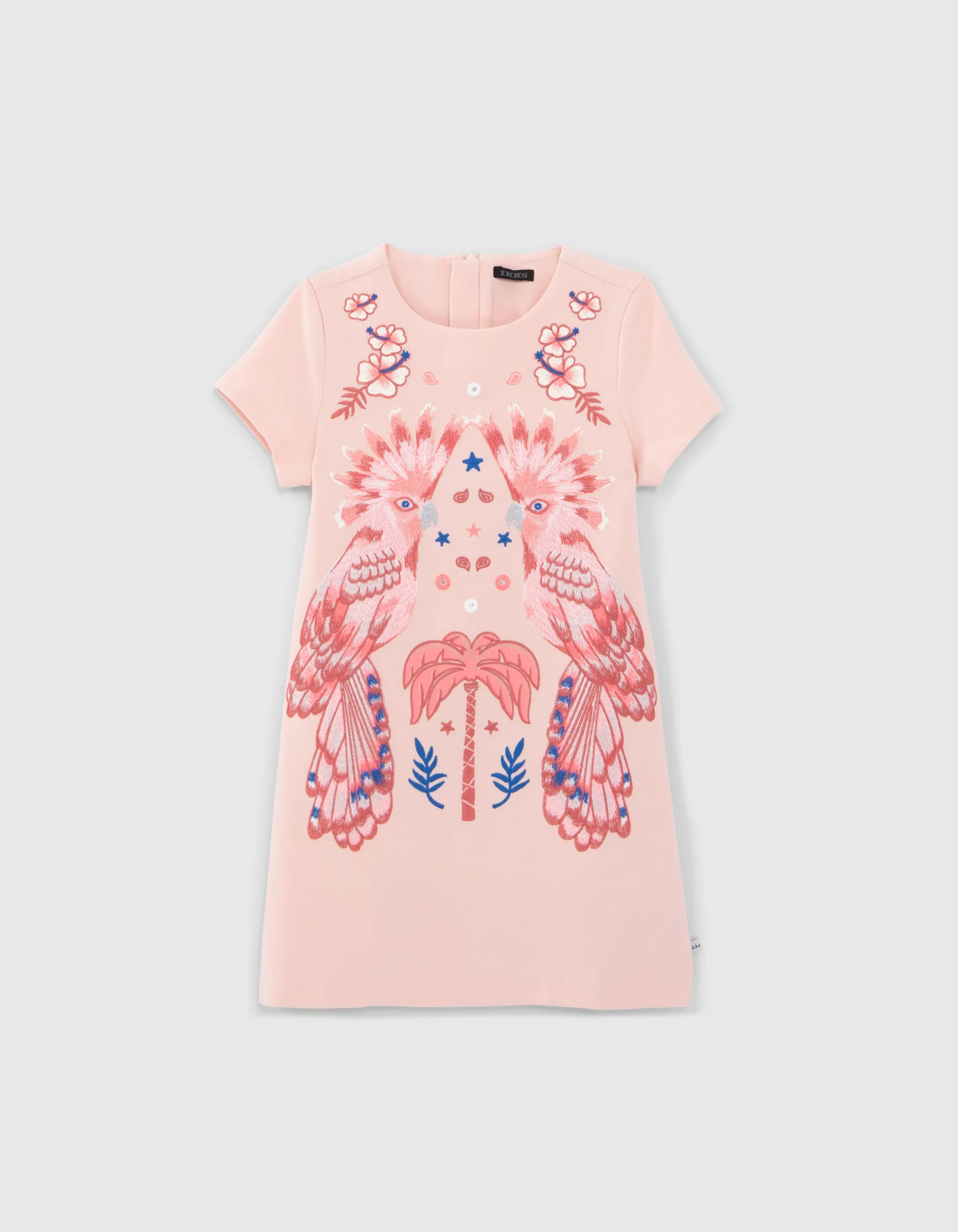 Robe rose brodée perroquets et miroirs fils fluos fille