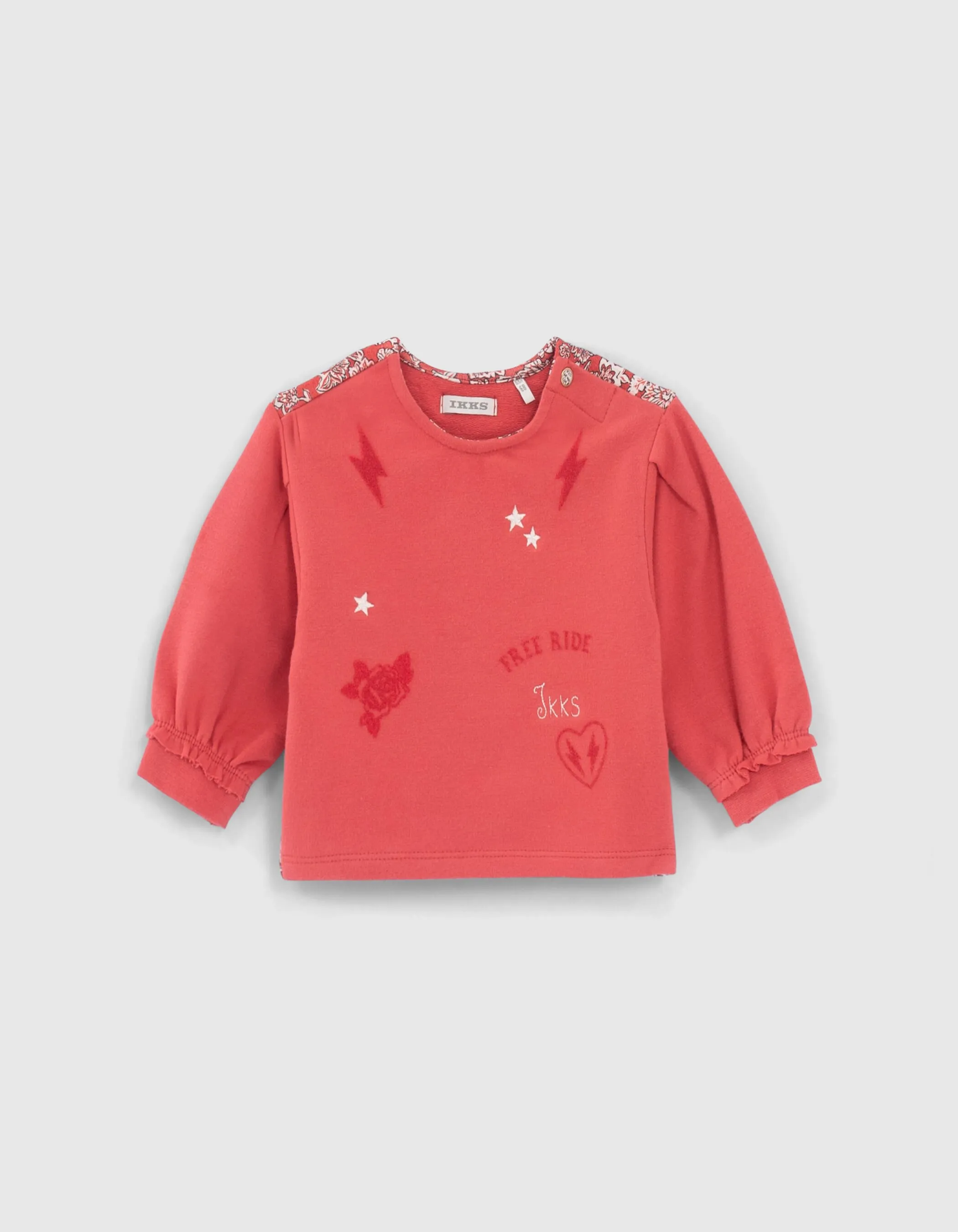 Sweat rouge bi-matière imprimé dos bébé fille