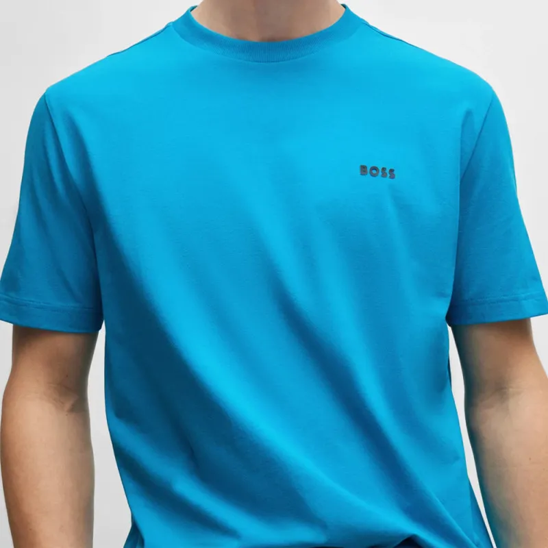 T-SHIRT BOSS TEE BLEU TURQUOISE REGULAR FIT EN COTON STRETCH AVEC LOGO CONTRASTANT